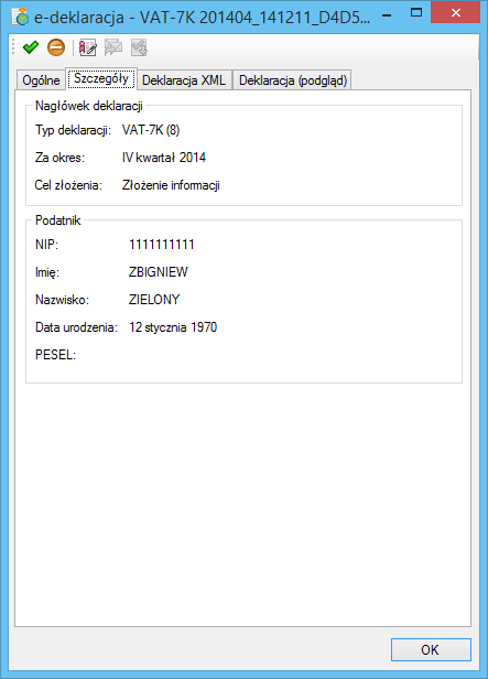 Podręcznik użytkownika Sage Symfonia e-deklaracje 30 Rys. 32 Okno informacji o e-deklaracji panel Ogólne po wygenerowaniu e-deklaracji.