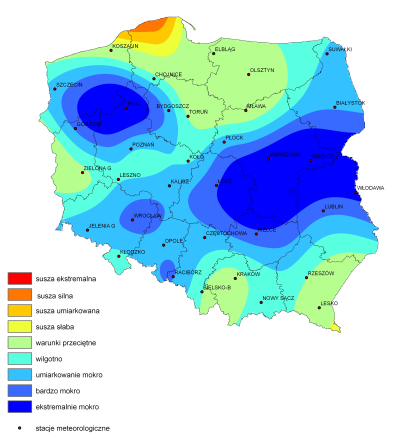 SPI dla 2-3 miesięcy dobrze korelują z wilgotnością gleby, czyli mogą wskazywać na zagrożenie suszą glebową i rolniczą bądź nadmiernym uwilgotnieniem gleby, dla 6-12 miesięcy z natężeniem