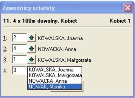 Po kolei wypełniamy okienka zgłoszenia sztafety Wpisujemy nr zespołu sztafetowego Określamy przedział wiekowy sztafety Określamy płed sztafety Zaznaczamy konkurencję sztafetową Wpisujemy czas