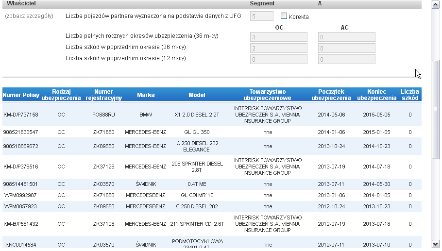 W przypadku kontynuacji ubezpieczenia niezbędne jest wpisanie numeru rejestracyjnego pojazdu w celu naliczenia zniżek lojalnościowych Podgląd pełnej informacji o przebiegu ubezpieczenia Klienta Dane