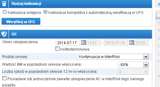 2. Klient kontynuujący W przypaku kontynuacji w InterRisk po wykonaniu weryfikacji w UFG i zaczytaniu danych należy wpisać wielkość zniżki z ostatniej polisy a portal automatycznie nalicza wysokość