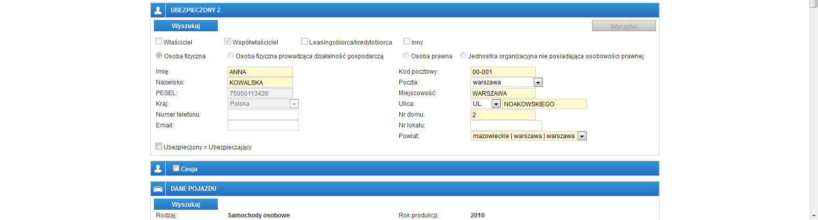 współwłaściciel (Ubezpieczony) jest jednocześnie Ubezpieczającym zaznaczamy check-box