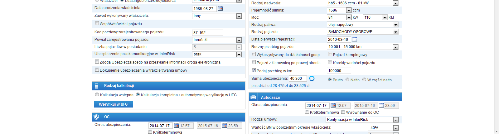 Wybieramy leasingobiorca/kr edytobiorca Do kalkulacji nie zaznaczamy współwłaściciela Weryfikację w UFG przeprowadzamy tylko dla leasingobiorcy/kre dytobiorcy, dla którego