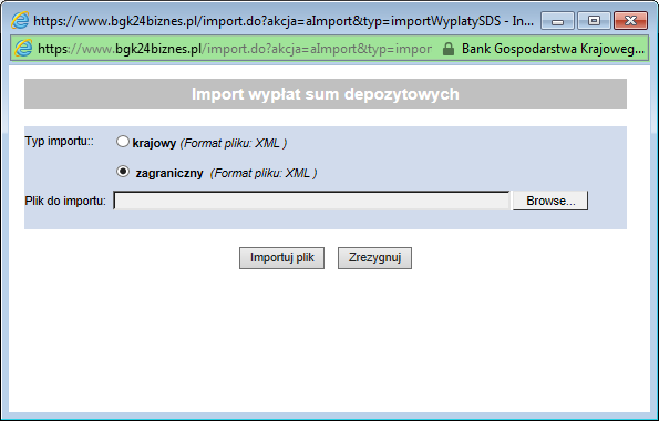 Rysunek 34 Okno importu wypłat z sum depozytowych w walutachobcych w BGK@24BIZNES 4.7.