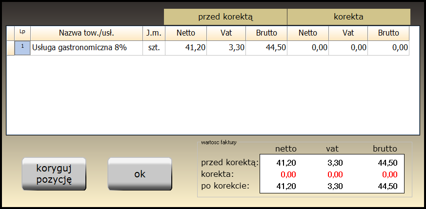 W tym oknie widzimy wszystkie pozycje zawarte na fakturze, którą korygujemy wraz