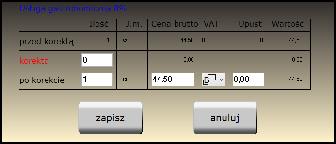 zaznaczenie pozycji i kliknięcie przycisku Koryguj pozycję. W tym momencie wyświetlone zostaje następne okno (Rys. 65), które opisuje szczegółowo wybraną pozycję. Rys. 65. Okno korygowania pozycji faktury VAT sprzedaży.