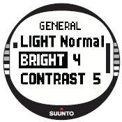 3.2.7. Ustawienia ogólne Menu General zawiera kilka ogólnych ustawień Suunto X10. Podświetlenie Korzystając z ustawienia Light, moŝna dostosować podświetlenie wyświetlacza Suunto X10.