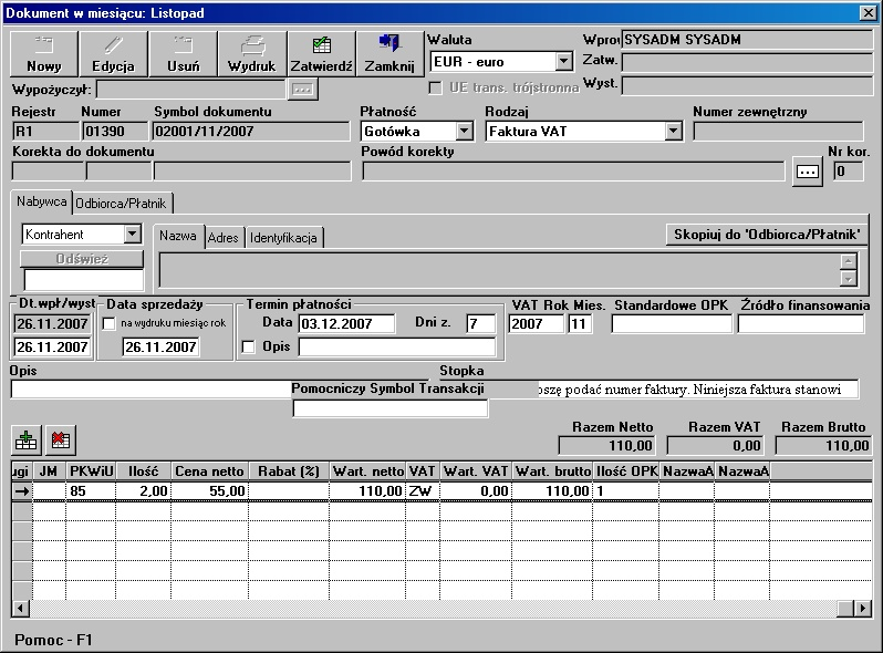 Dokumenty Wybranie na poprzedniej formatce rejestru sprzedaży spowoduje automatyczne uzupełnienie pól: Rejestr, Numer, Symbol dokumentu (oprócz rodzaju dokumentu Paragon dla którego symbol nadawany