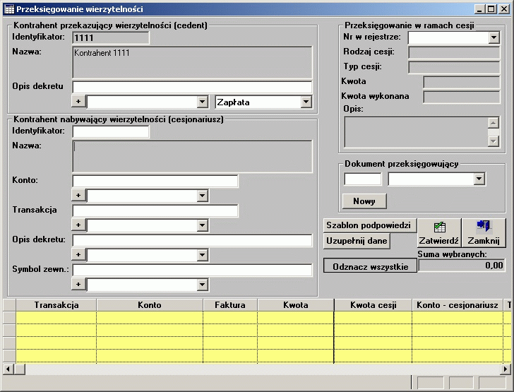 Kartoteki 5.1.11.2 Przeksięgowanie wierzytelności Podczas wprowadzania nowych przeksięgowań na ekranie pojawia nam się formatka pozwalająca na wybór kontrahenta przekazującego wierzytelności.