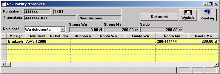 Kartoteki Przykład: Aby uzyskać wydruk transakcji w kolejności wg kontrahenta z podsumami wg identyfikatora transakcji związanej z danym kontrahentem należy w polu Kolejność wybrać wg Kontrahenta i