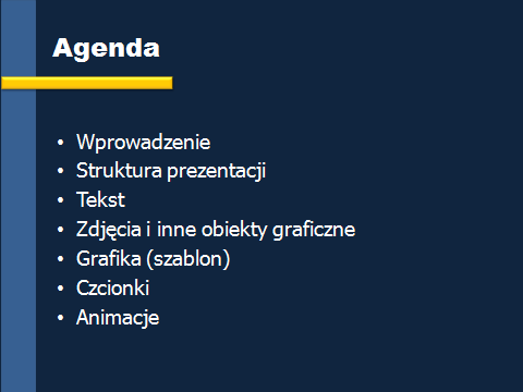 Strona42 DRUGI SLAJD zarys prezentacji, agenda, zawiera główne punkty jakie będą poruszane w prezentacji.