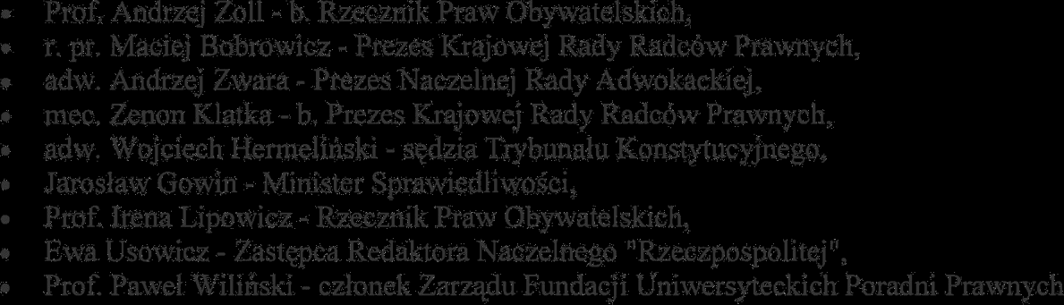 Członkami Kapituły Konkursu są również laureaci poprzednich edycji konkursu: sędzia w stanie spoczynku Szczepan Styranowski, sędzia w stanie spoczynku Wiesława Mroczek z Głogowa, adwokat Bogumił