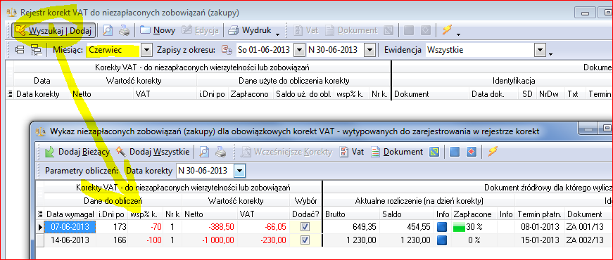 Korekty VAT można zarejestrować w systemie korzystając z poniższych opcji (patrz rys.