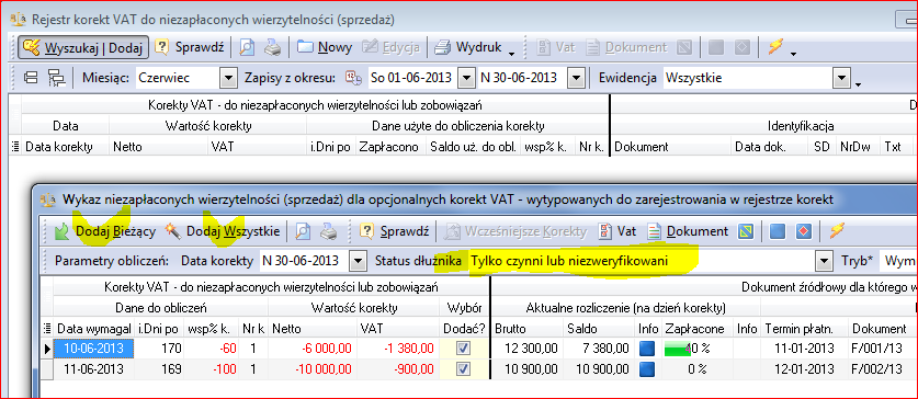 Poniższy rysunek przedstawia przykłady znalezionych korekt VAT do niezapłaconych wierzytelności, wykazanych po zmianie parametrów obliczeń. Rysunek 19.