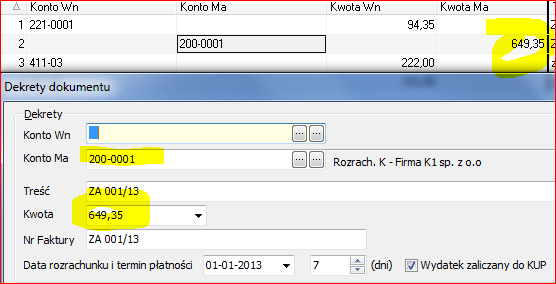 Rysunek 4. Widok dekretu dopasowanego jako rozliczenie faktury VAT ZA 001/13 z dokumentu na rys.