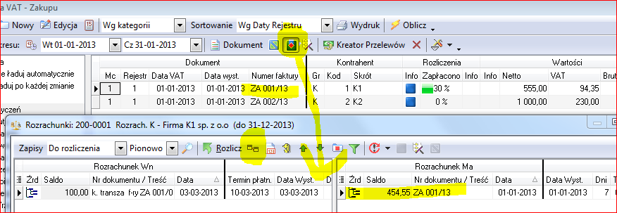 Rysunek 7. Historia rozliczeń rozrachunku utworzonego do wydatku - faktury ZA 001/13 (poz. nr 2. na rys.4) Ponieważ niezapłacony wydatek ma ustalony termin płatności 7 dni od daty wystawienia w dn.