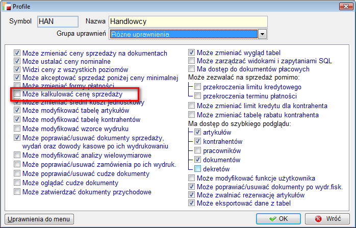 II. Licencja na serwer 1. Uprawnienie do kalkulacji cen sprzedaży. Zostało wprowadzone nowe uprawnienie - do kalkulacji cen sprzedaży Może kalkulować cenę sprzedaży. Po upgrade do wersji 3.