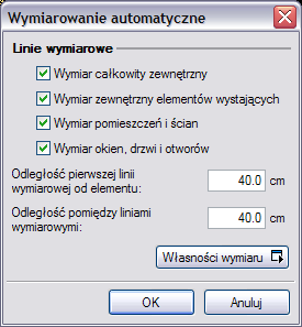 AUTOMATYCZNE WYMIAROWANIE RYSUNKU Drugim wymiarowaniem obiektowym jest opcja opcji pojawia się poniższe okno: Wymiaruj cały rysunek dostępna z paska narzędziowego.