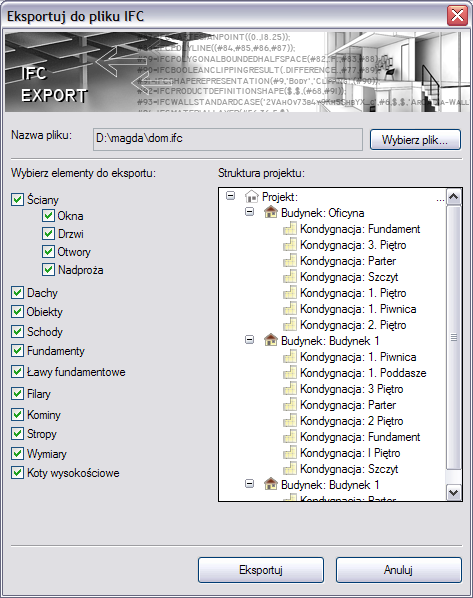 W powyższym oknie następuje wybór eksportowanych elementów, dostępny poprzez zaznaczenie kolejnych pozycji listy.