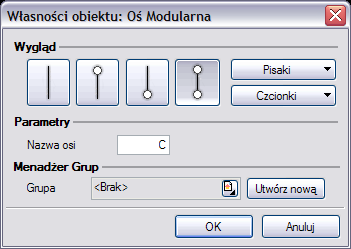 Kąt nachylenia [ ] Kąt nachylenia całej siatki osi modularnych. Rozmiar czcionki [pkt] Rozmiar czcionki opisu.