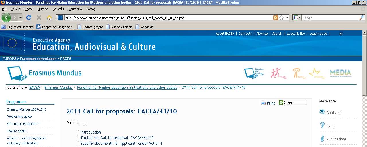 Zaproszenie do składania wniosków 2011 http://eacea.ec.