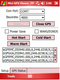 Ustaw prędkość połączenia Baudrate na 4800, następnie naciśnij przycisk 'Scan' aby sprawdzić porty COM. Wybierz odpowiedni port COM na jakim zainstalowany został GPS i naciśnij przycisk 'Open GPS'.