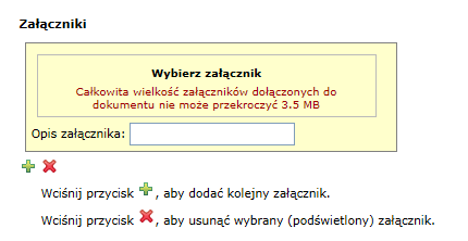 Pod polem ogólnym kliknij przycisk, a następnie, opcjonalnie, przyciski: załącz z dysku albo załącz ze składu (dotyczy podmiotów publicznych), aby dodać wymagane załączniki (sprawdź listę wymaganych