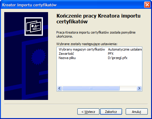 7. Kreator zapyta o magazyn certyfikatów. Należy zaznaczyć "Automatycznie wybierz magazyn certyfikatów na podstawie typu certyfikatu" i kliknąć przycisk "Dalej". Rysunek 4-7.