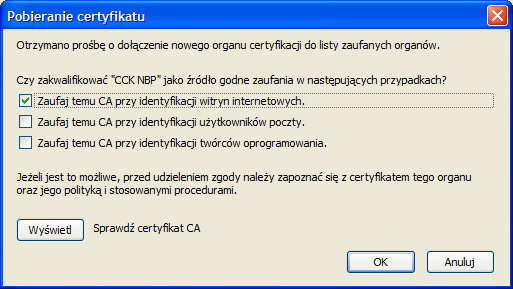 3. Pojawi się okno "Menedżer certyfikatów". W zakładce "Organy certyfikacji" należy kliknąć przycisk Importuj, a następnie wybrać z płyty CD plik z certyfikatem Centrum Certyfikacji Kluczy NBP urzad.