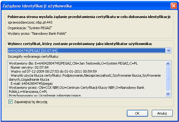 6. Po wybraniu właściwego certyfikatu z listy, należy się upewnić czy zaznaczone jest pole wyboru