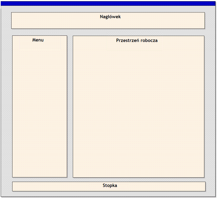 5 Ogólne zasady korzystania z systemu 5.1 Elementy interfejsu użytkownika Ekran aplikacji podzielony jest na 4 główne obszary: Nagłówek, Menu, Przestrzeń robocza, Stopka. Rysunek 5-1.
