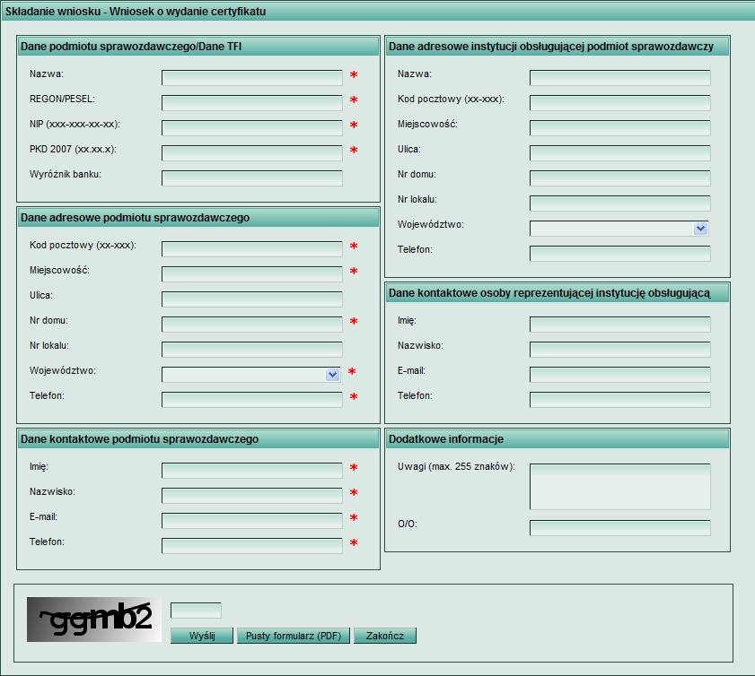 Rysunek 6-3. Strona do wypełniania danych potrzebnych do złożenia wniosku o certyfikat. Tabela 6-1 przedstawia opis danych koniecznych do złożenia wniosku o wydanie certyfikatu.