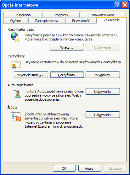 Poniższe punkty opisują proces wgrywania certyfikatów w najpopularniejszych przeglądarkach internetowych. 4.3.1 Przeglądarka Internet Explorer w wersji 7.0 lub wyższej 1.