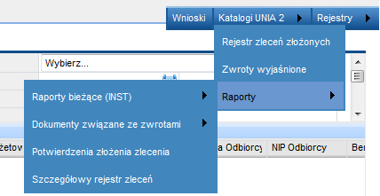 Rys. 69 3. Pojawią się kolejne zakładki do wyboru należy wybrać Raporty. Tu umiejscowione są kolejne łącza do raportów jak również Szczegółowy rejestr zleceń (Rys. 70). Uwaga!