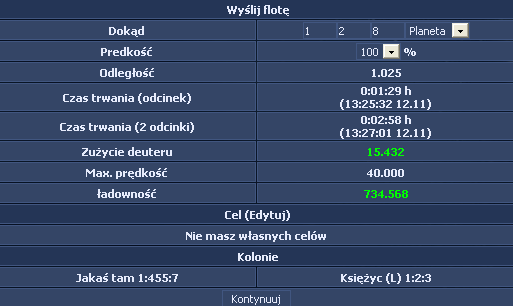 W polu dokąd widnieją koordynaty planety, na którą masz zamiar lecied. Obok ustalasz, czy jest to planeta, jej księżyc, czy pola zniszczeo (o których opowiem później).