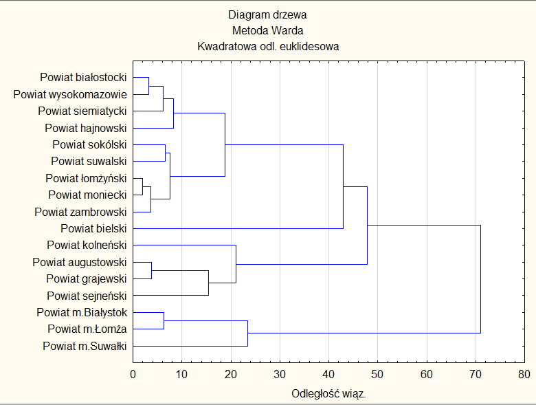 RYSUNEK 2. DENDROGRAM PRZEDSTAWIAJĄCY PODZIAŁ POWATÓW WOJEWÓDZTWA PODLASKIEGO ZE WZGLĘDU NA POZIOM ZOGROŻENIA UBÓSTWEM W 2011 R.