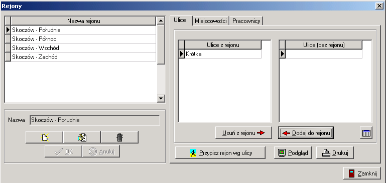 W celu usprawnienia sobie późniejszej pracy w programie zaleca się uzupełnienie zakładki REJONY Okno REJONY pozwala użytkownikowi dokonać podziału obszaru działalności jednostki oraz przypisać, do
