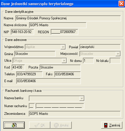 3. DANE INSTYTUCJI Kolejnym krokiem, po ustaleniu parametrów programu, będzie wprowadzenie danych instytucji.