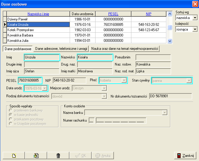 6. DANE OSOBOWE W tym oknie gromadzone są dane osobowe wszystkich osób jakie pojawią się w programie (uczniowie, rodzice, pracownicy itp.).