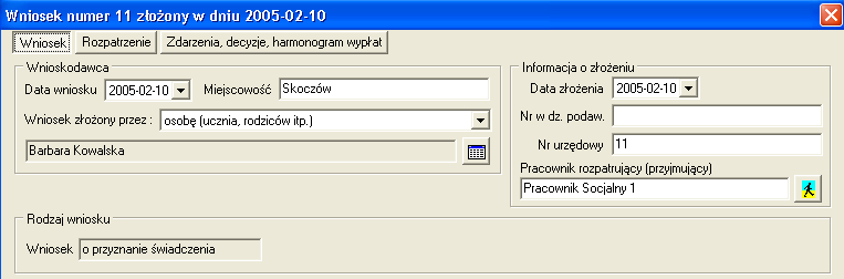 Bardzo ważne jest określenie osoby składającej wniosek oraz pracownika rozpatrującego wniosek, jeżeli tych dwóch osób nie określimy program będzie się tego domagał widocznym w oknie