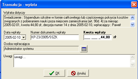 Po wybraniu pozycji do realizacji na ekranie pojawi się okno, które (po uzupełnieniu numeru dokumentu