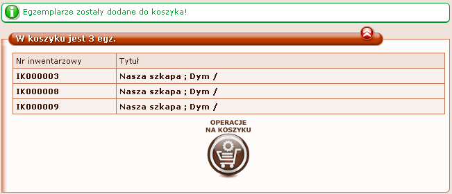 Zaznaczamy egzemplarze, które chcemy ubytkować i dodajemy je do koszyka.