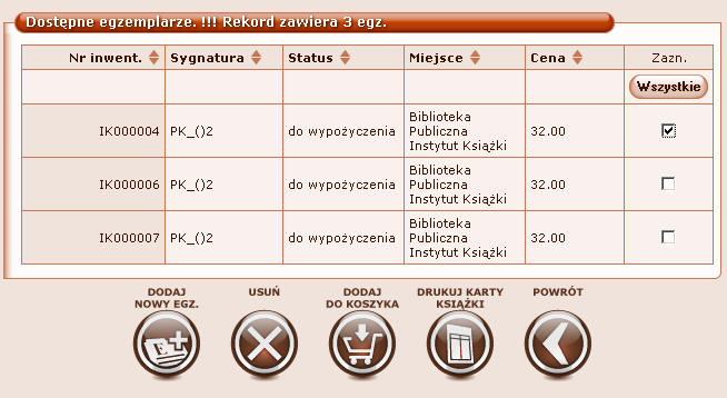 Zaznaczamy egzemplarze do usunięcia i klikamy na Usuń. Pojawi się komunikat żądający potwierdzenia, że rzeczywiście chcemy usunąć wybrany egzemplarz.