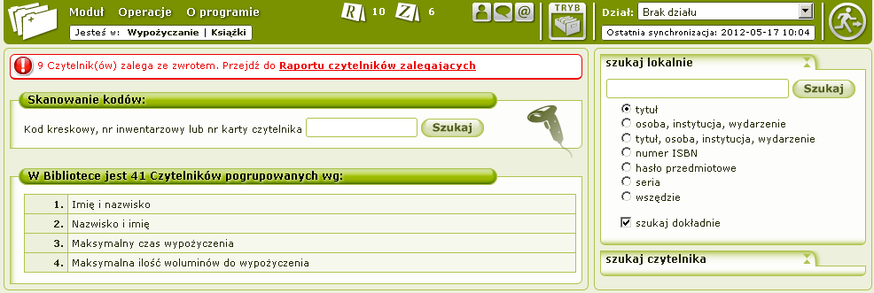 Na górze strony pojawia się informacja o czytelnikach zalegających ze zwrotem książek: Możemy zobaczyć, którzy to