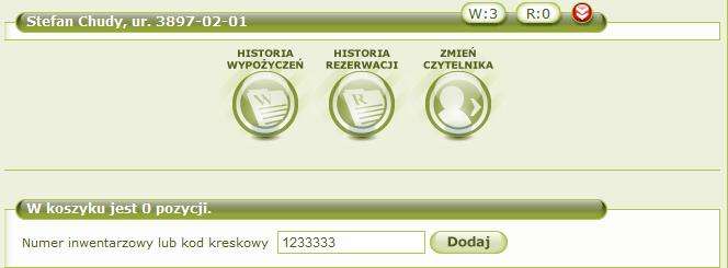 Możemy wrócić do karty czytelnika i wypożyczyć mu książkę. W tym celu klikamy Pojawi się strona wypożyczeń.