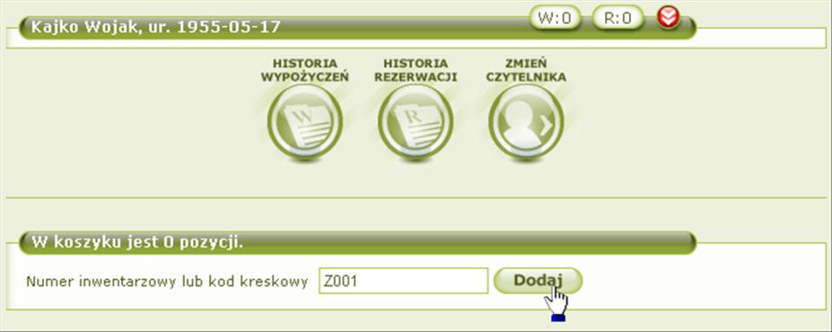 Możemy skorzystać z multipola na głównej stronie, które umożliwia sczytanie kodu kreskowego czytelnika, ale także kodu z egzemplarza, który chcemy wypożyczyć lub zwrócić.