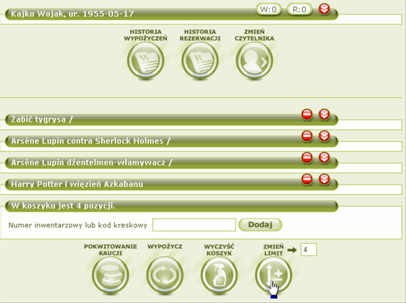 innego czytelnika jest niemożliwe. Po kliknięciu na do koszyka zostanie dodana nowa pozycja. Postępujemy w ten sposób aż do momentu, gdy wprowadzimy wszystkie egzemplarze, które chcemy wypożyczyć.