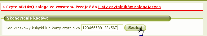 Jeżeli egzemplarz ma status do wypożyczenia, wówczas zostanie dodany do koszyka. Aby dodać kolejne egzemplarze, postępujemy analogicznie sczytując ich kody kreskowy w multipole.