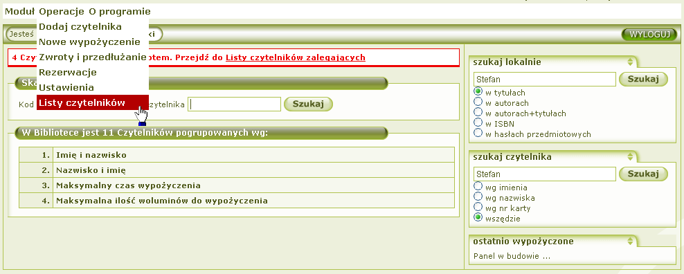 LISTY CZYTELNIKÓW Zarządzanie listami czytelników z poziomu bibliotekarza Wybieramy opcję listy czytelników: Zostanie otwarta strona z listami czytelników.