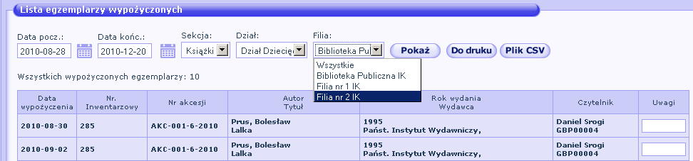 Po wybraniu daty początkowej, daty końcowej oraz sekcji, dla których chcemy wygenerować zestawienie, należy kliknąć WYŚWIETL. Zostanie otwarta nowa strona z zestawieniem.